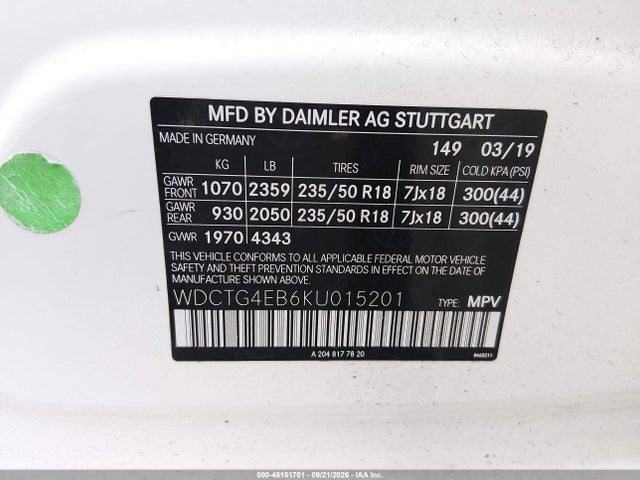 Продаж на аукціоні авто 2019 Mercedes-benz Gla 250, vin: WDCTG4EB6KU015201, номер лоту: 46151701