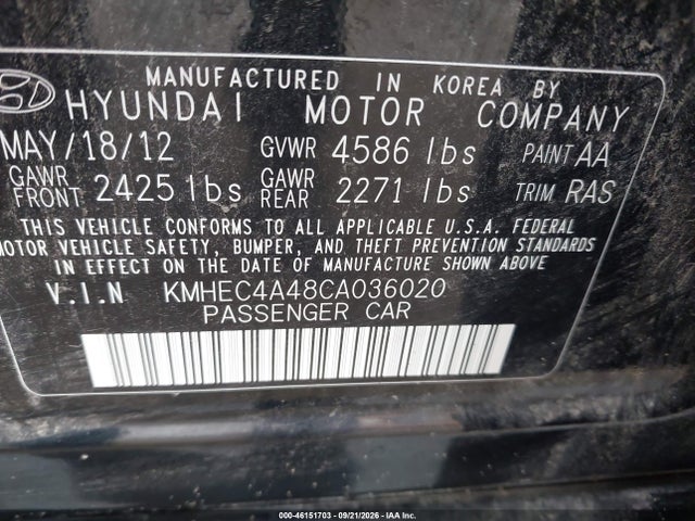 Aukcja sprzedaży 2012 Hyundai Sonata Hybrid, vin: KMHEC4A48CA036020, numer aukcji: 46151703