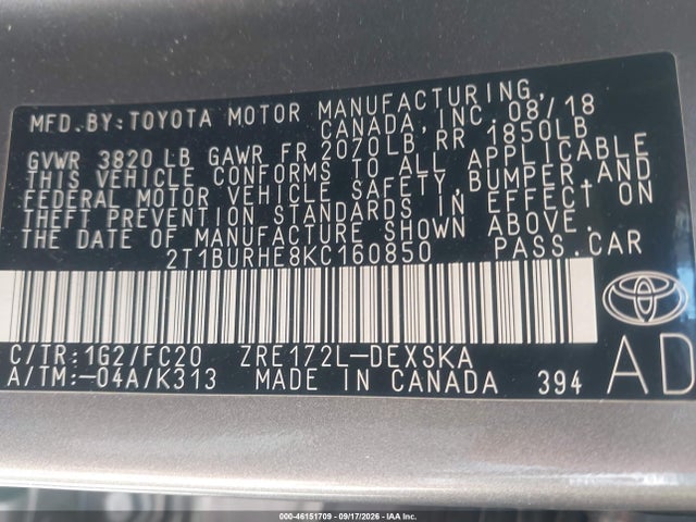 2T1BURHE8KC160850 Toyota COROLLA SE