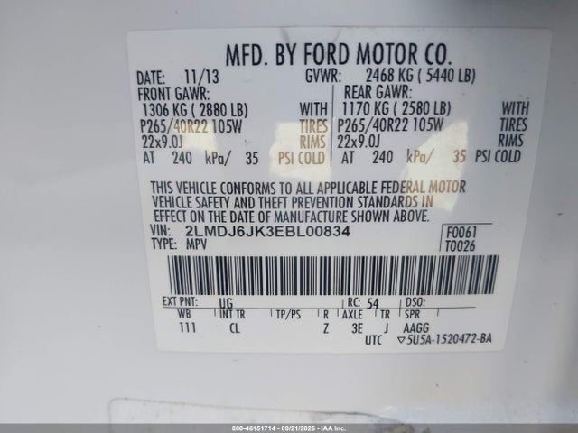 Продажа на аукционе авто 2014 Lincoln Mkx, vin: 2LMDJ6JK3EBL00834, номер лота: 46151714