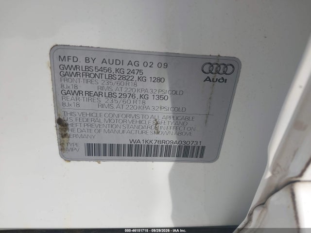 2009 Audi Q5 3.2 Premium მანქანა იყიდება აუქციონზე, vin: WA1KK78R09A030731, აუქციონის ნომერი: 46151715