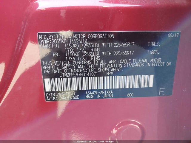 Aukcja sprzedaży 2017 Toyota Rav4 Le, vin: JTMZFREV7HJ141071, numer aukcji: 46151726