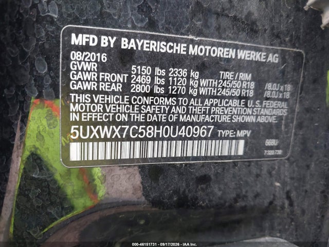 46151731 :رقم المزاد ، 5UXWX7C58H0U40967 vin ، 2017 Bmw X3 Xdrive35i مزاد بيع