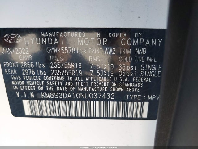 2022 Hyundai Santa Fe Hybrid Sel Premium მანქანა იყიდება აუქციონზე, vin: KM8S3DA10NU037432, აუქციონის ნომერი: 46151736