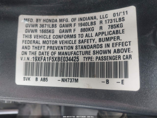 Aukcja sprzedaży 2011 Honda Civic Lx, vin: 19XFA1F5XBE034425, numer aukcji: 46151738