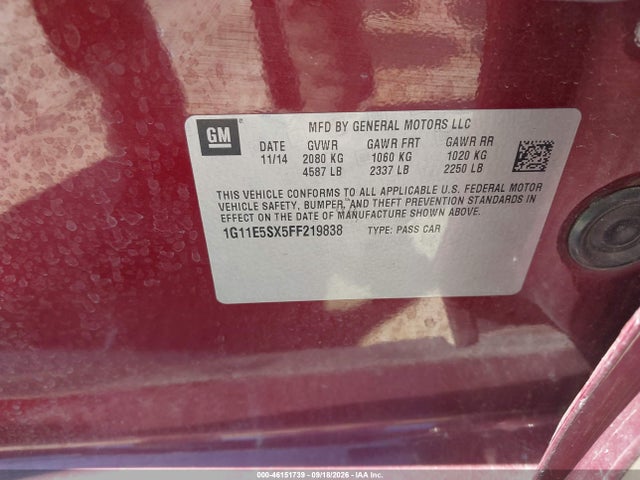 46151739 :رقم المزاد ، 1G11E5SX5FF219838 vin ، 2015 Chevrolet Malibu 3lt مزاد بيع