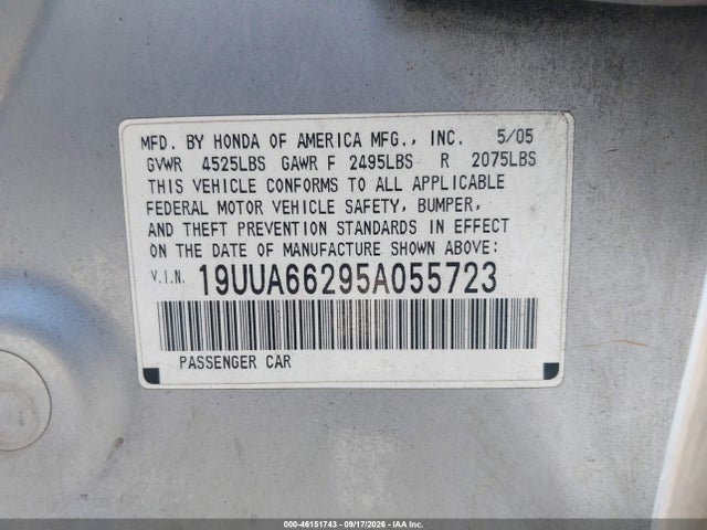 Продажа на аукционе авто 2005 Acura Tl, vin: 19UUA66295A055723, номер лота: 46151743