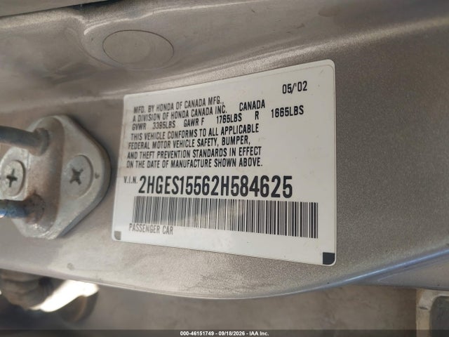 2002 Honda Civic Lx მანქანა იყიდება აუქციონზე, vin: 2HGES15562H584625, აუქციონის ნომერი: 46151749