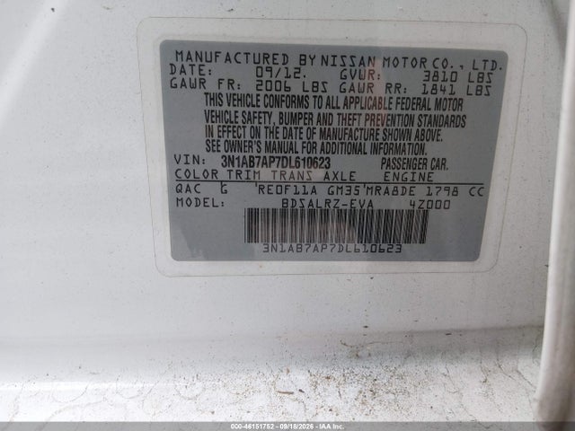 2013 Nissan Sentra Sr მანქანა იყიდება აუქციონზე, vin: 3N1AB7AP7DL610623, აუქციონის ნომერი: 46151752