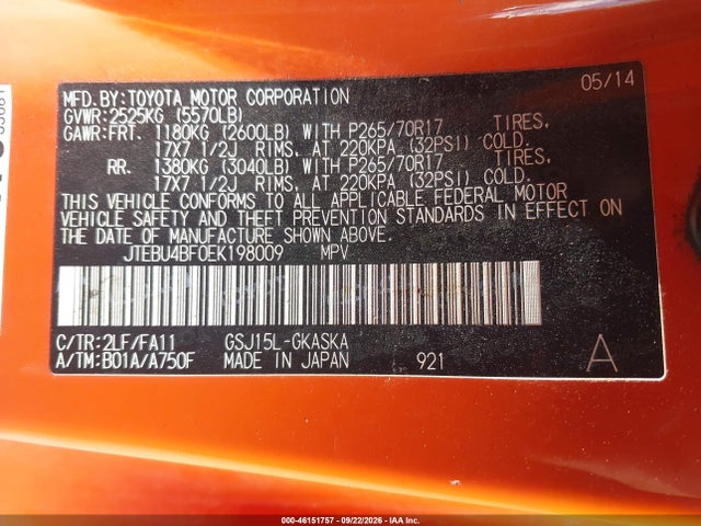Toyota FJ Cruiser 2014 JTEBU4BF0EK198009 Image 9
