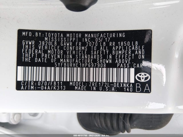 46151765 :رقم المزاد ، 5YFBURHE1HP697908 vin ، 2017 Toyota Corolla Le مزاد بيع