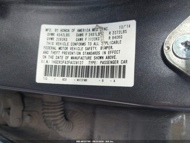 2015 Honda Accord Ex-l V-6 მანქანა იყიდება აუქციონზე, vin: 1HGCR3F82FA008137, აუქციონის ნომერი: 46151768