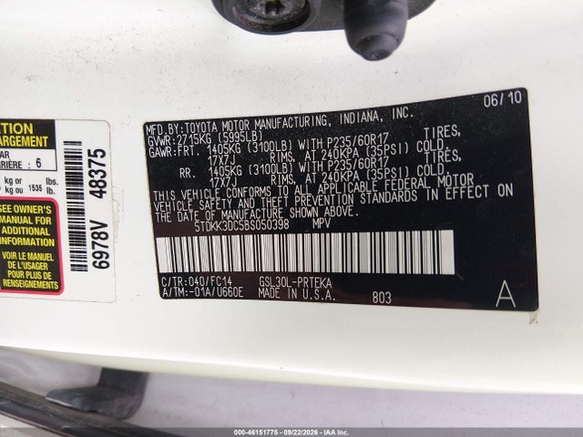 Aukcja sprzedaży 2011 Toyota Sienna Le V6, vin: 5TDKK3DC5BS050398, numer aukcji: 46151775