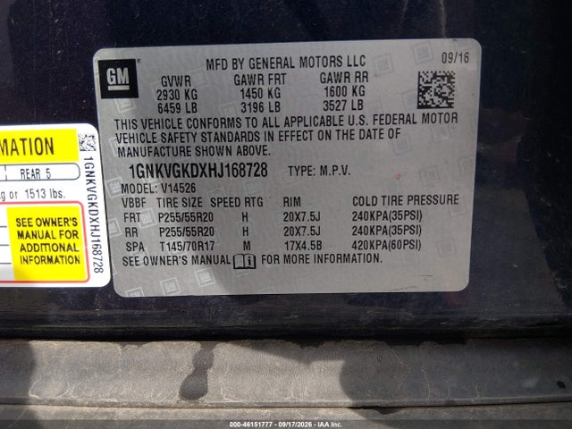 Auction sale of the 2017 Chevrolet Traverse 1lt, vin: 1GNKVGKDXHJ168728, lot number: 46151777