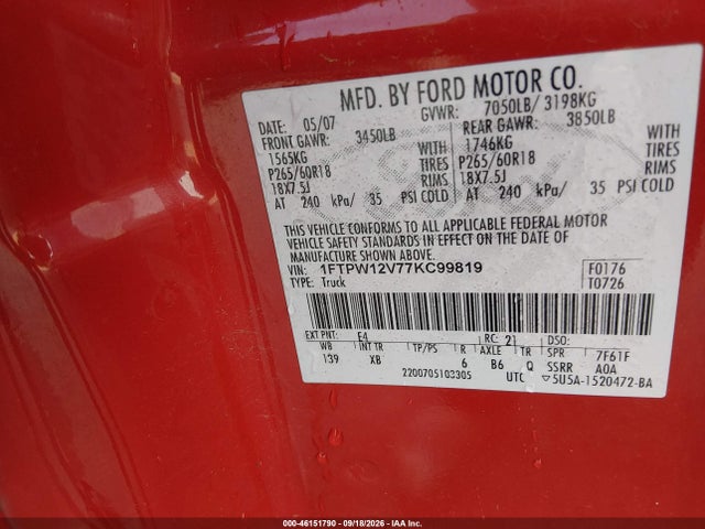 2007 Ford F-150 Lariat/xlt მანქანა იყიდება აუქციონზე, vin: 1FTPW12V77KC99819, აუქციონის ნომერი: 46151790