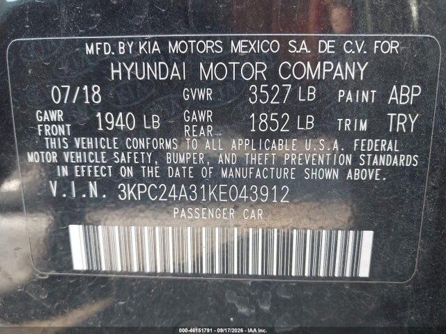 46151791 :رقم المزاد ، 3KPC24A31KE043912 vin ، 2019 Hyundai Accent Sel مزاد بيع
