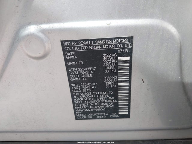 46151796 :رقم المزاد ، KNMAT2MV4FP585016 vin ، 2015 Nissan Rogue S مزاد بيع