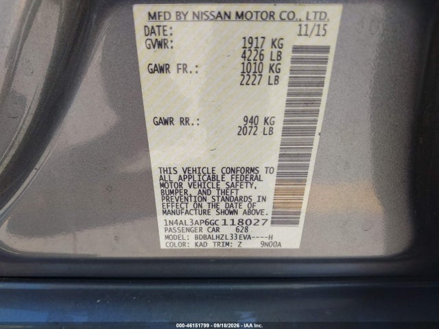 Продажа на аукционе авто 2016 Nissan Altima 2.5 Sr, vin: 1N4AL3AP6GC118027, номер лота: 46151799