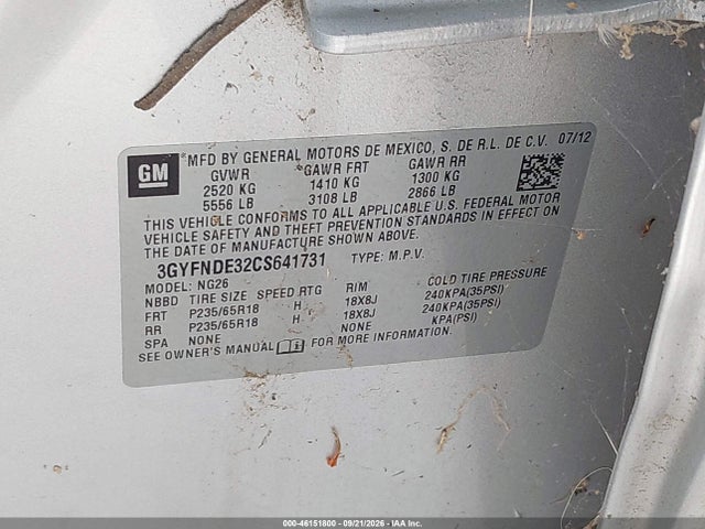46151800 :رقم المزاد ، 3GYFNDE32CS641731 vin ، 2012 Cadillac Srx Luxury Collection مزاد بيع
