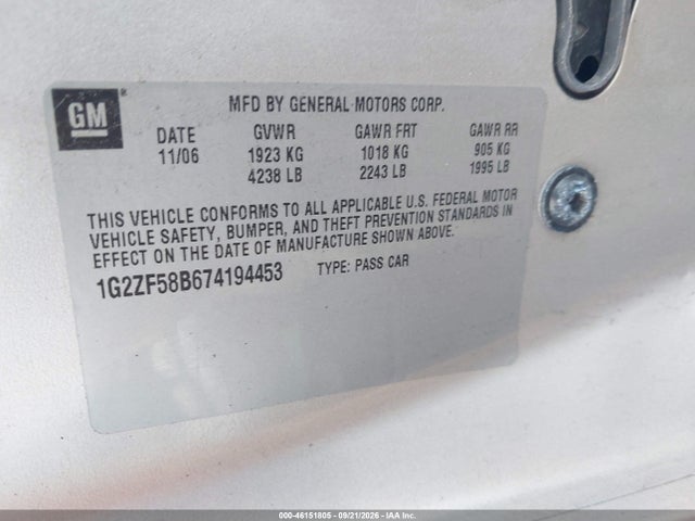 46151805 :رقم المزاد ، 1G2ZF58B674194453 vin ، 2007 Pontiac G6 Value Leader مزاد بيع