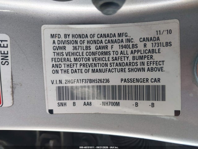 46151811 :رقم المزاد ، 2HGFA1F37BH526236 vin ، 2011 Honda Civic Vp مزاد بيع