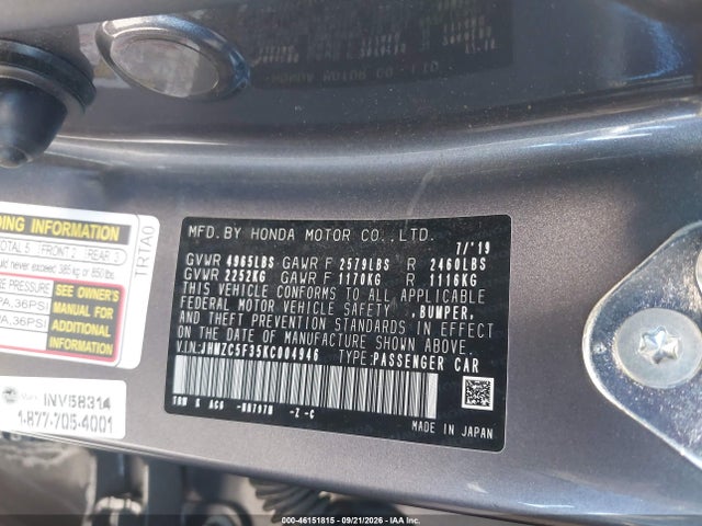 Aukcja sprzedaży 2019 Honda Clarity Plug-in Hybrid Touring, vin: JHMZC5F35KC004946, numer aukcji: 46151815