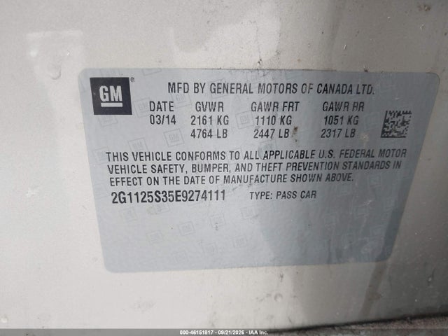 Aukcja sprzedaży 2014 Chevrolet Impala 2lt, vin: 2G1125S35E9274111, numer aukcji: 46151817