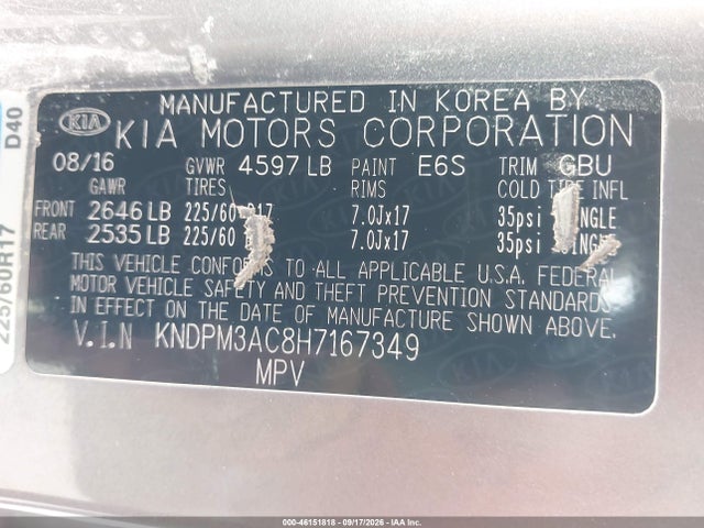 46151818 :رقم المزاد ، KNDPM3AC8H7167349 vin ، 2017 Kia Sportage Lx مزاد بيع