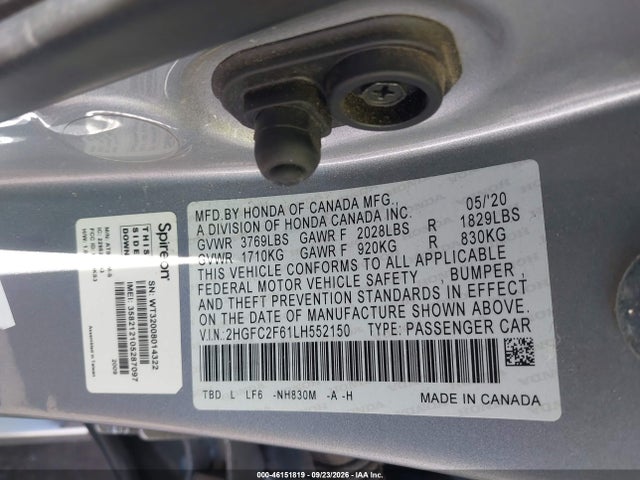 Продажа на аукционе авто 2020 Honda Civic Lx, vin: 2HGFC2F61LH552150, номер лота: 46151819