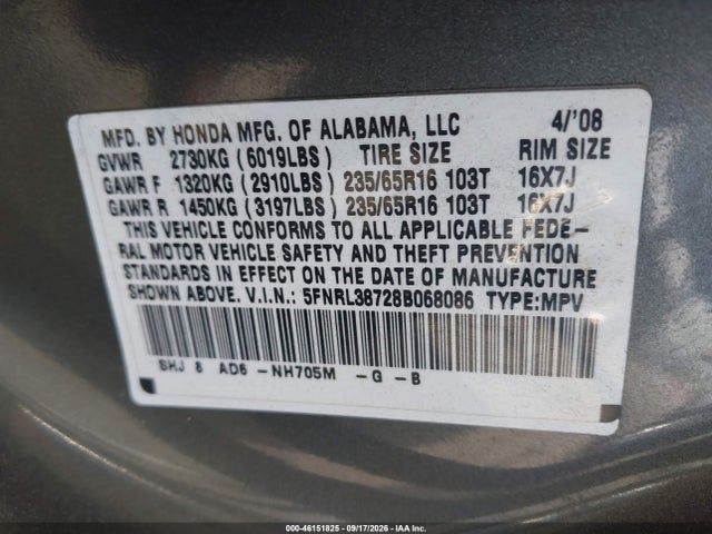 Aukcja sprzedaży 2008 Honda Odyssey Ex-l, vin: 5FNRL38728B068086, numer aukcji: 46151825