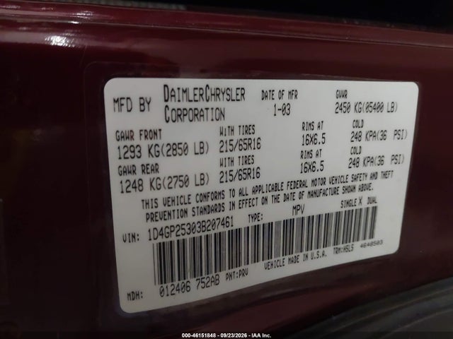 46151848 :رقم المزاد ، 1D4GP25303B207461 vin ، 2003 Dodge Caravan Se مزاد بيع