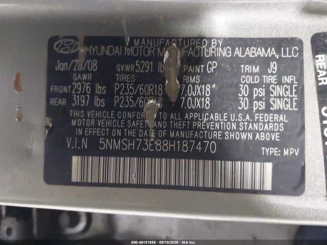 Продажа на аукционе авто 2008 Hyundai Santa Fe Limited/se, vin: 5NMSH73E88H187470, номер лота: 46151858
