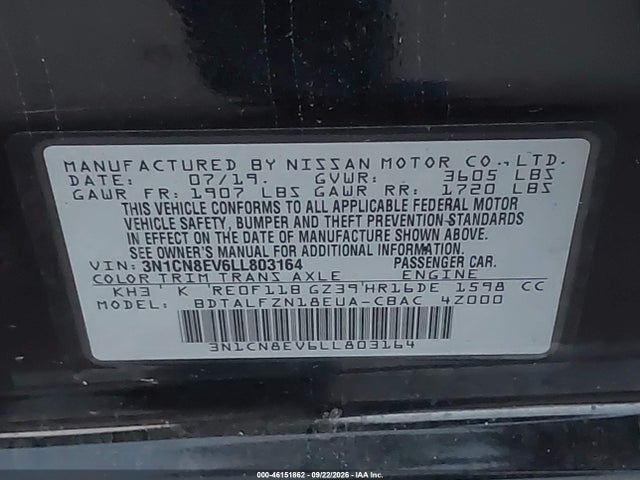 Aukcja sprzedaży 2020 Nissan Versa Sv Xtronic Cvt, vin: 3N1CN8EV6LL803164, numer aukcji: 46151862
