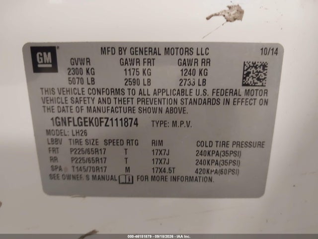 Auction sale of the 2015 Chevrolet Equinox 2lt, vin: 1GNFLGEK0FZ111874, lot number: 46151879