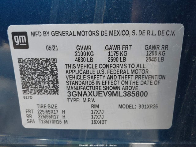 Aukcja sprzedaży 2021 Chevrolet Equinox Awd Lt, vin: 3GNAXUEV9ML385800, numer aukcji: 46151880