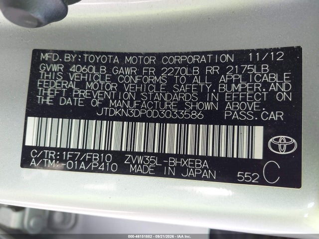 Aukcja sprzedaży 2013 Toyota Prius Plug-in, vin: JTDKN3DP0D3033586, numer aukcji: 46151882