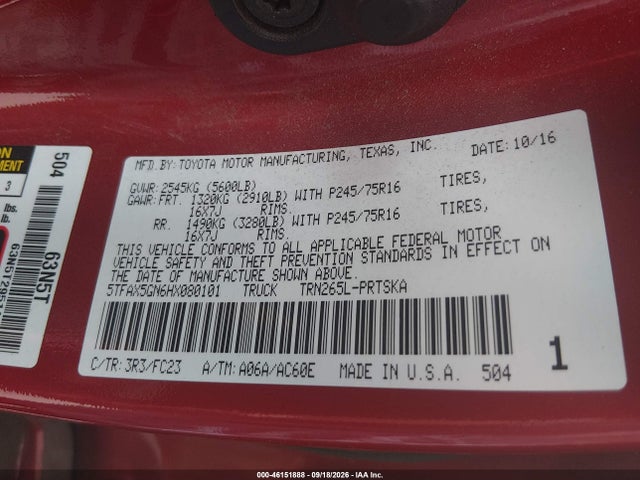 2017 Toyota Tacoma Sr5 მანქანა იყიდება აუქციონზე, vin: 5TFAX5GN6HX080101, აუქციონის ნომერი: 46151888