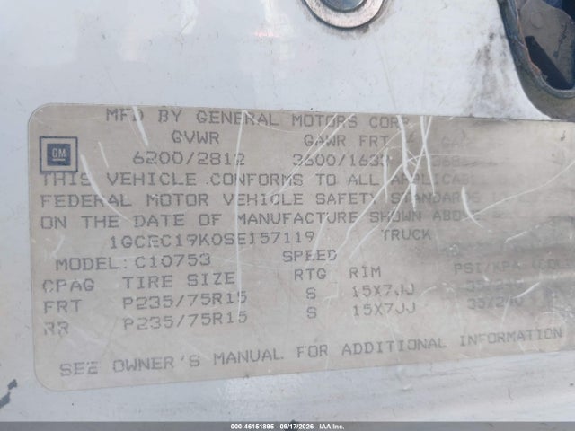 46151895 :رقم المزاد ، 1GCEC19K0SE157119 vin ، 1995 Chevrolet Gmt-400 C1500 مزاد بيع