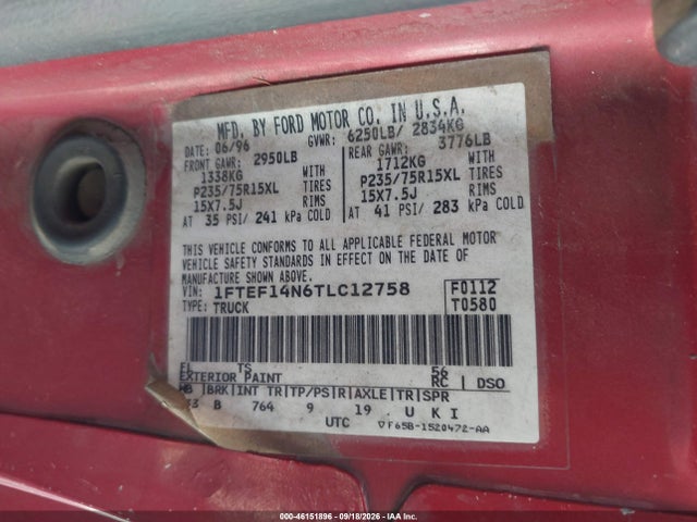 Aukcja sprzedaży 1996 Ford F150, vin: 1FTEF14N6TLC12758, numer aukcji: 46151896