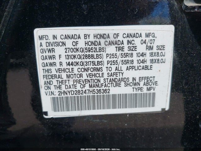 46151908 :رقم المزاد ، 2HNYD28247H536362 vin ، 2007 Acura Mdx مزاد بيع