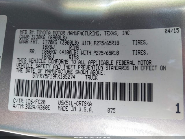 2015 Toyota Tundra Sr5 5.7l V8 მანქანა იყიდება აუქციონზე, vin: 5TFRY5F19FX185274, აუქციონის ნომერი: 46151911