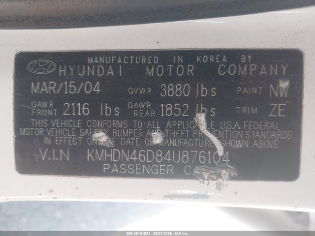 2004 Hyundai Elantra Gls/gt მანქანა იყიდება აუქციონზე, vin: KMHDN46D84U876104, აუქციონის ნომერი: 46151921