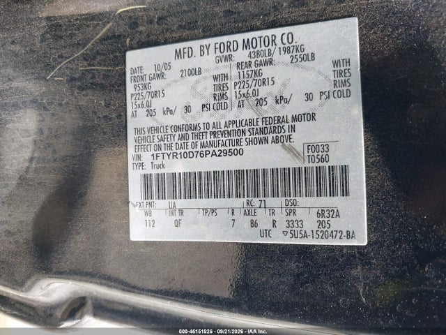 Продаж на аукціоні авто 2006 Ford Ranger Xl/xlt, vin: 1FTYR10D76PA29500, номер лоту: 46151926