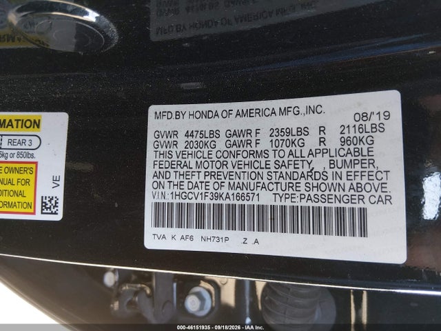 46151935 :رقم المزاد ، 1HGCV1F39KA166571 vin ، 2019 Honda Accord Sport مزاد بيع
