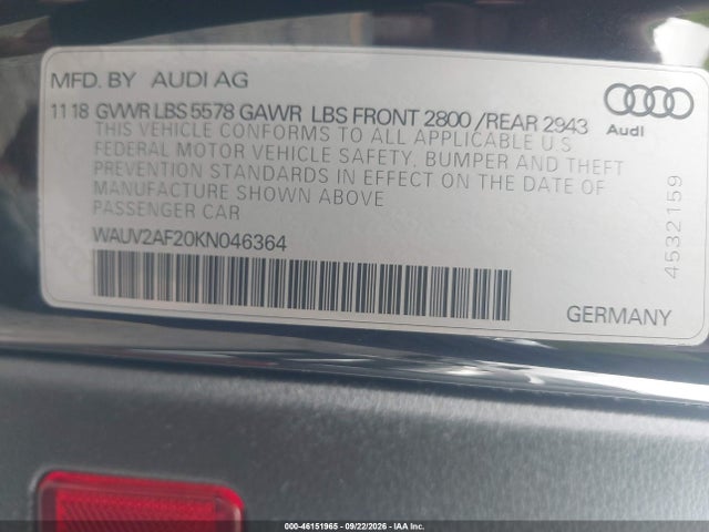 Aukcja sprzedaży 2019 Audi A7 55 Premium, vin: WAUV2AF20KN046364, numer aukcji: 46151965