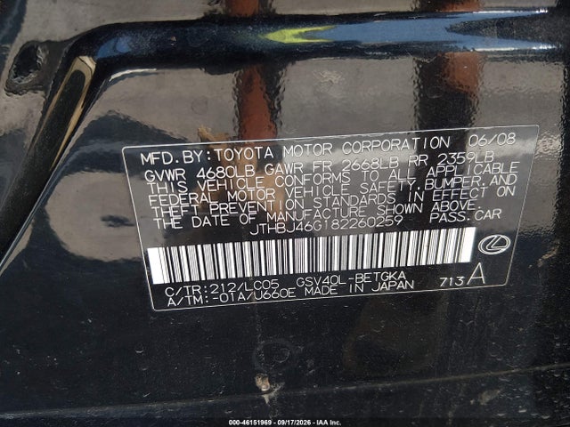 Aukcja sprzedaży 2008 Lexus Es 350, vin: JTHBJ46G182260259, numer aukcji: 46151969