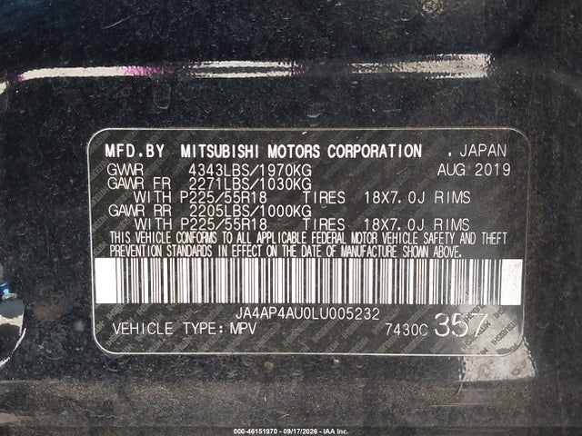Aukcja sprzedaży 2020 Mitsubishi Outlander Sport 2.0 Se, vin: JA4AP4AU0LU005232, numer aukcji: 46151970