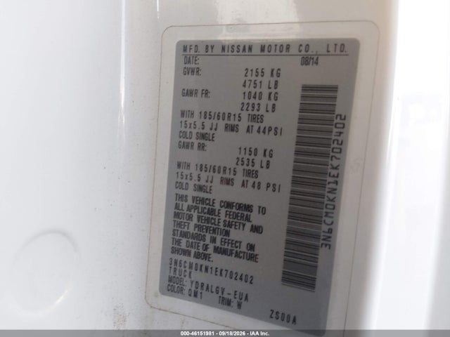 Продаж на аукціоні авто 2014 Nissan Nv200 Sv, vin: 3N6CM0KN1EK702402, номер лоту: 46151981
