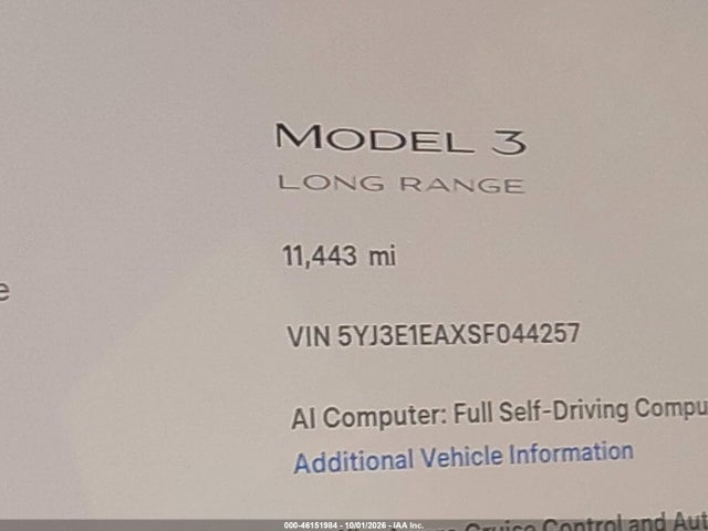 Продаж на аукціоні авто 2025 Tesla Model 3 Long Range Rear-wheel Drive/standard Rear-wheel Drive, vin: 5YJ3E1EAXSF044257, номер лоту: 46151984