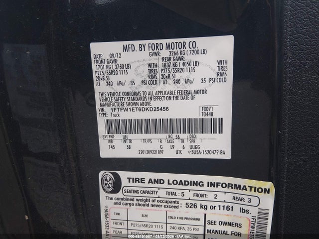 Продаж на аукціоні авто 2013 Ford F-150 Fx4, vin: 1FTFW1ET6DKD25456, номер лоту: 46151987
